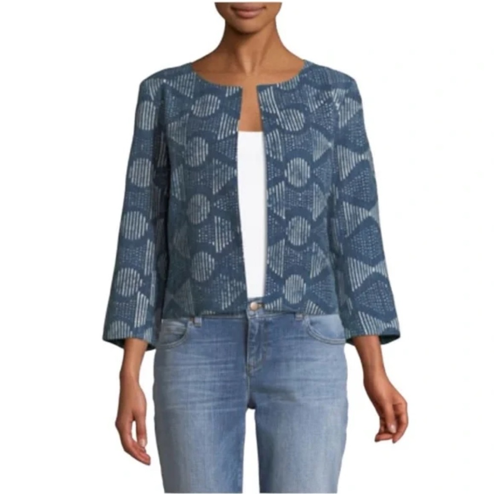 Eileen Fisher Hand Printed Indigo Open Jacket Blazer Small Petite Art To Wear